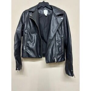 H&M Faux Leather Moto Jacket Women's XS Black Zip Biker Style Grunge Concert
